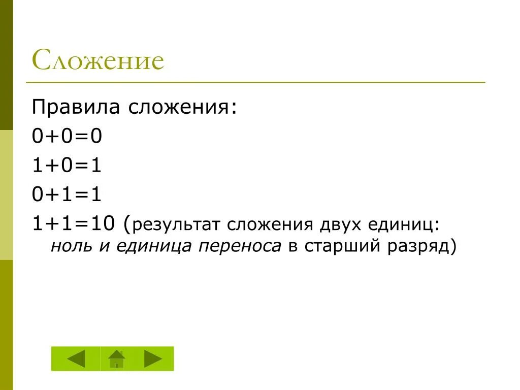 Сложение нулей и единиц. Двоичная арифметика сложение. Сложение и умножение единиц и нулей. Результат сложения.