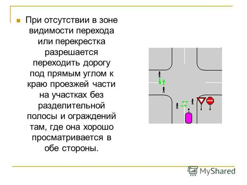 В каком случае можно переходить дорогу. При отсутствии пешеходного перехода или перекрестка. Зона видимости на перекрестке. Разрешается переходить дорогу под прямым углом к краю проезжей части. Край пересекаемой проезжей части это.