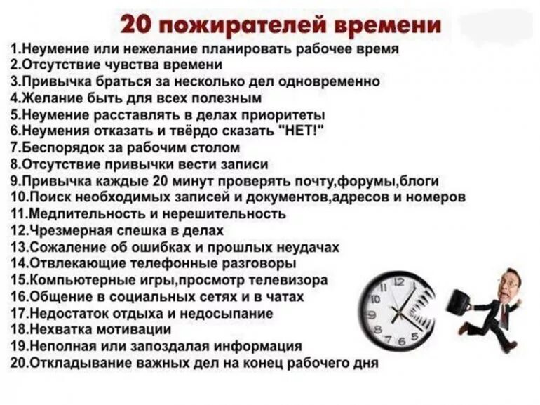 Планирование рабочего времени. Пожиратели времени тайм менеджмент. 20 пожирателей времени. планирование рабочего дня тайм менеджмент. правильное распределение времени.