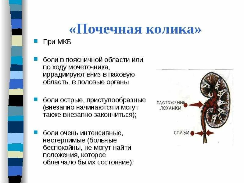 Причина болевых ощущений при почечной колике. Почечно-каменная болезнь почечная колика. Причина почечной колики при мкб. Мкб почечная колика боль.