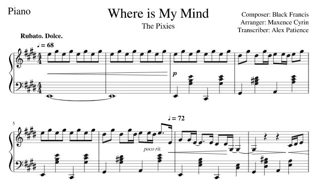 Май майнд песня. Where is my Mind Ноты для фортепиано. Ноты вере из май майнд. Pixies where is my Mind Ноты. My Mind Ноты для фортепиано.