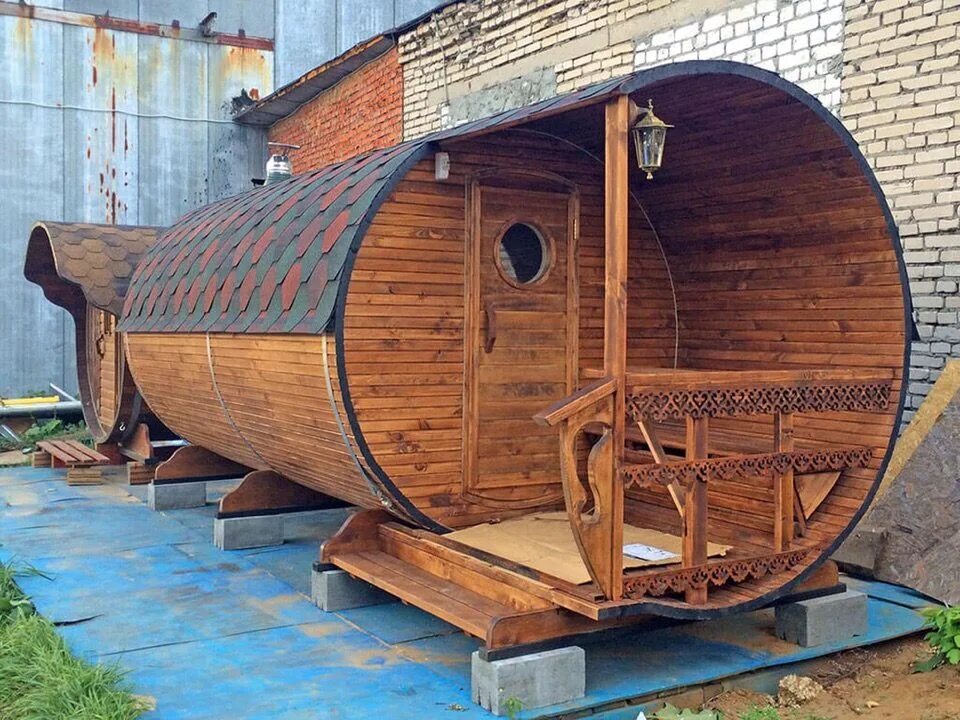 Круглая баня-бочка 2,5 метра с козырьком - купить за 195 000 ₽ Доставим Тепло