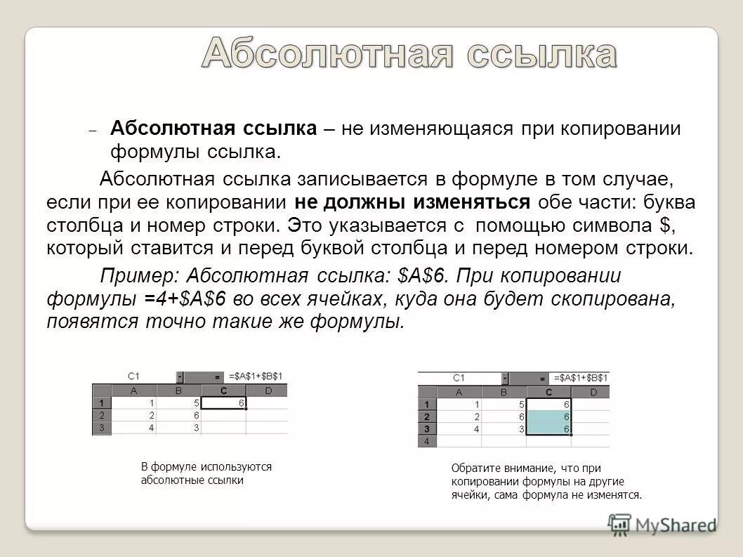 Абсолютная ссылка. Формулы содержащие абсолютные ссылки. Абсолютные ссылки при копировании не изменяются. Пример абсолютной ссылки.