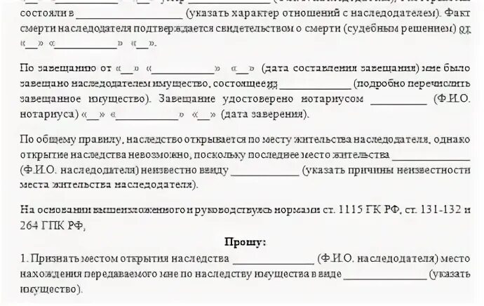 Установления факта места открытия наследства