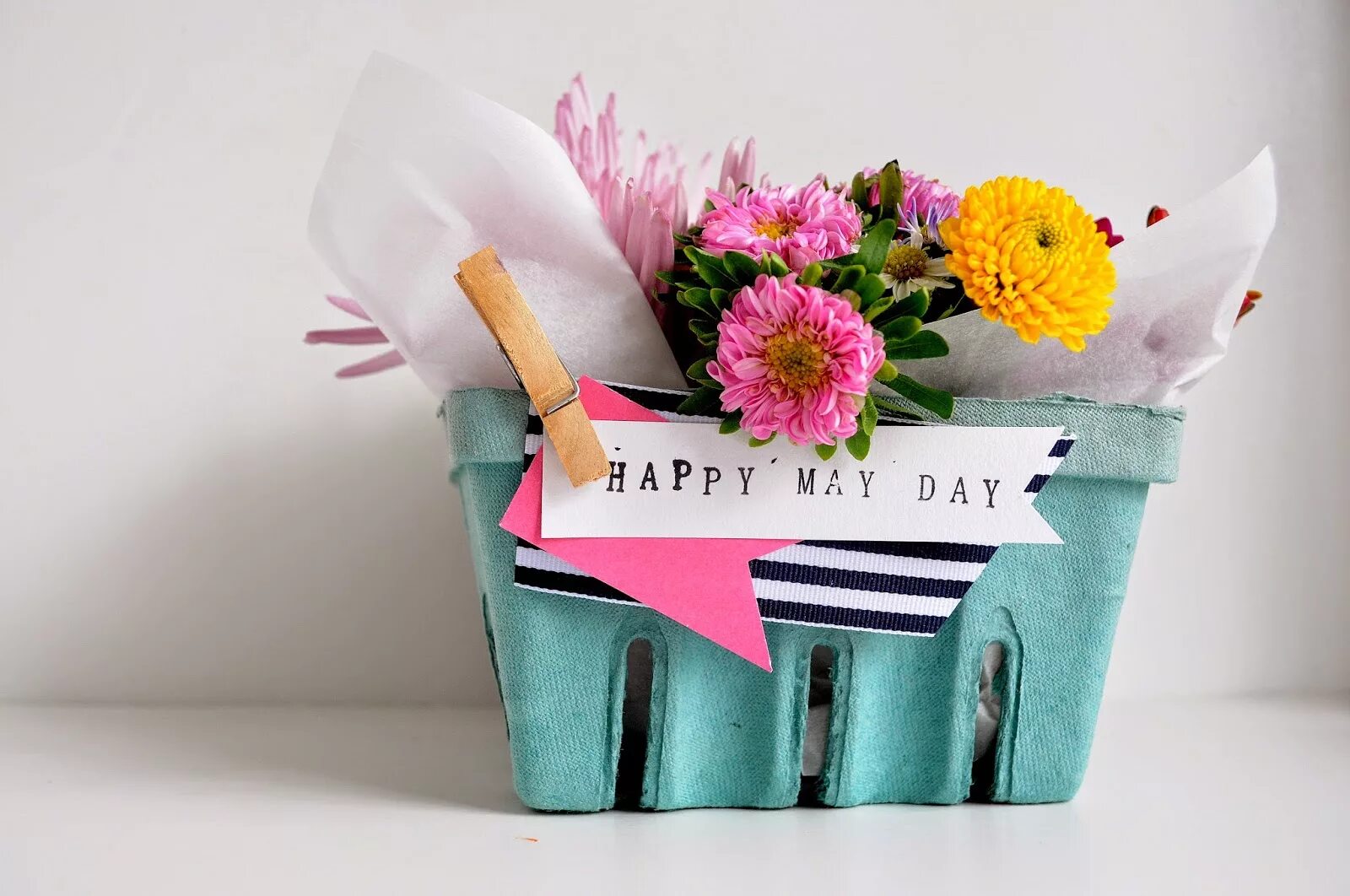 Happy may day. May Baskets. Flower Bouquets for May Day. Flower Basket for Craft.