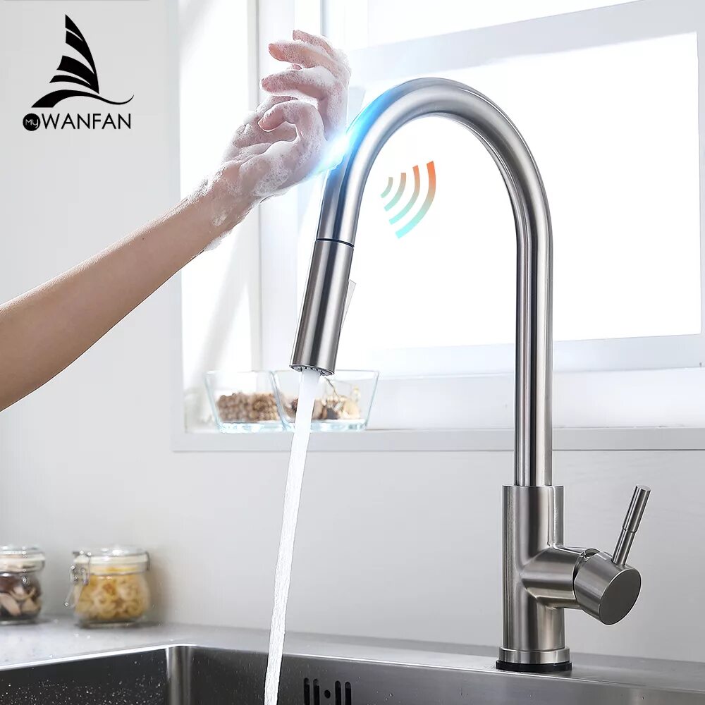 WANFAN смесители для кухни. Kitchen Faucet смеситель для кухни. Кран для воды Kitchen Mixer. Brushed Nickel sensor смеситель.