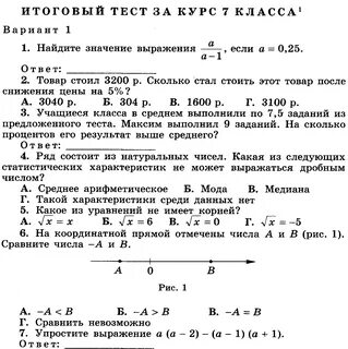 Контрольные тесты по алгебре 7 класс
