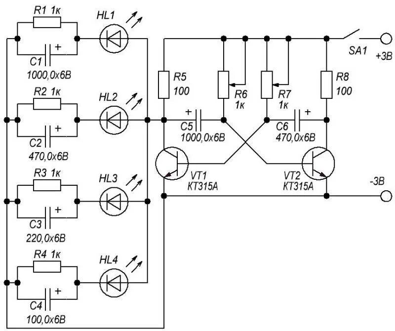 Мигание светодиода. Схема мультивибратора мигающего светодиода. Схема мигающего светодиода на 12 вольт. Схема мультивибратора на 12 вольт. Схема мультивибратора на 4 светодиода.