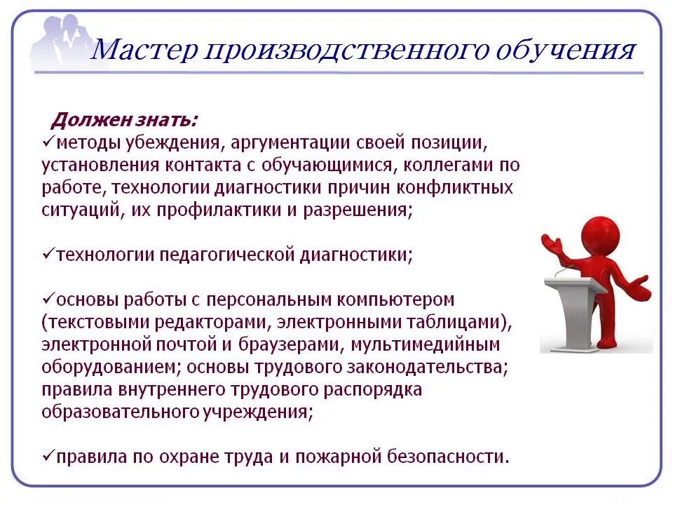 Вид деятельности мастера. Специфика мастера производственного обучения. Мастер производственного обучения. Требования к мастеру производственного обучения. Методы профессионального (производственного) обучения..