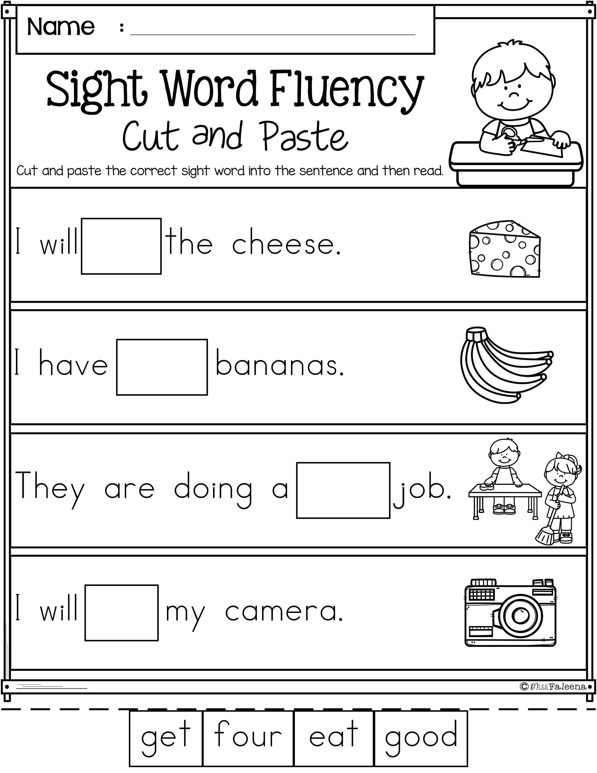 She can read well. CVC Words Cut and paste. Build the sentences Worksheets for Kids. Kindergarten Sight Word sentence. Sight reading Worksheet.