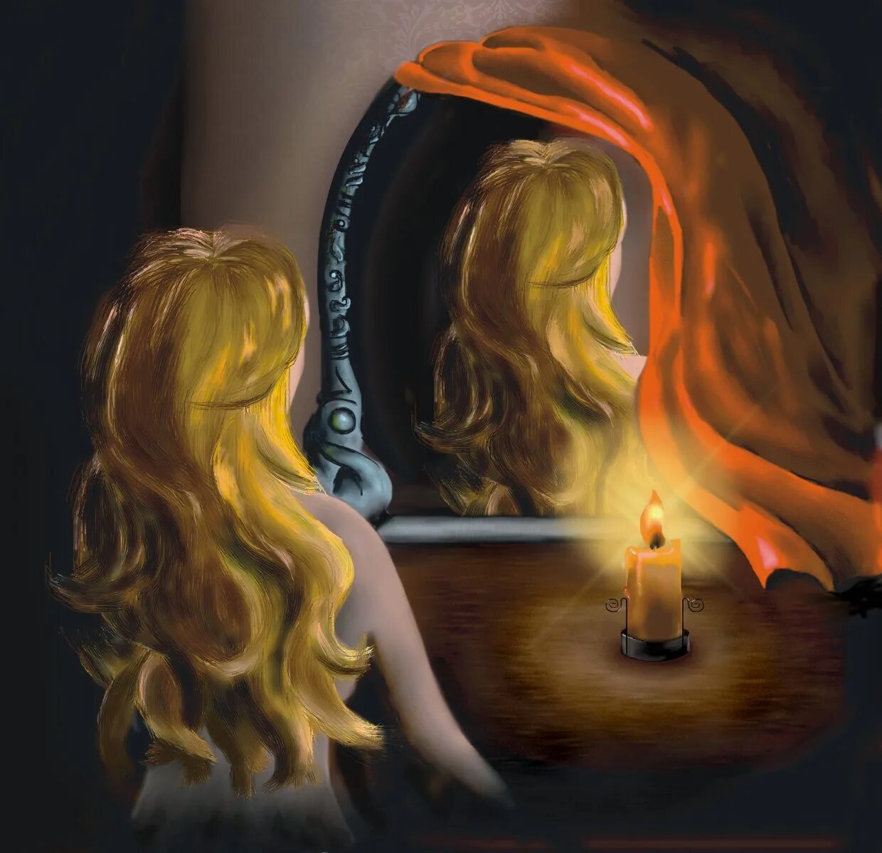 Свеча отражается в зеркале. Девушка свеча зеркало. Девушка со свечой арт. Девушка со свечой. Картина девушка со свечкой.