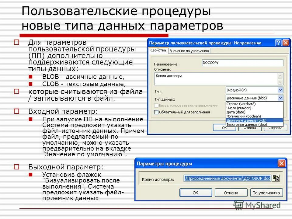 Параметр data. Пользовательские процедуры. Данные параметры. Тип данных Clob. Система управления Парус.