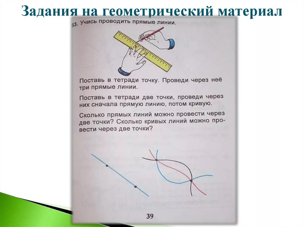 Через 2 точки проведи прямую линию. Через две точки проведи прямую линию и кривую. Проведи через две точки три кривые линии. Проведи через точку кривую линию. На каждой прямой поставь точку