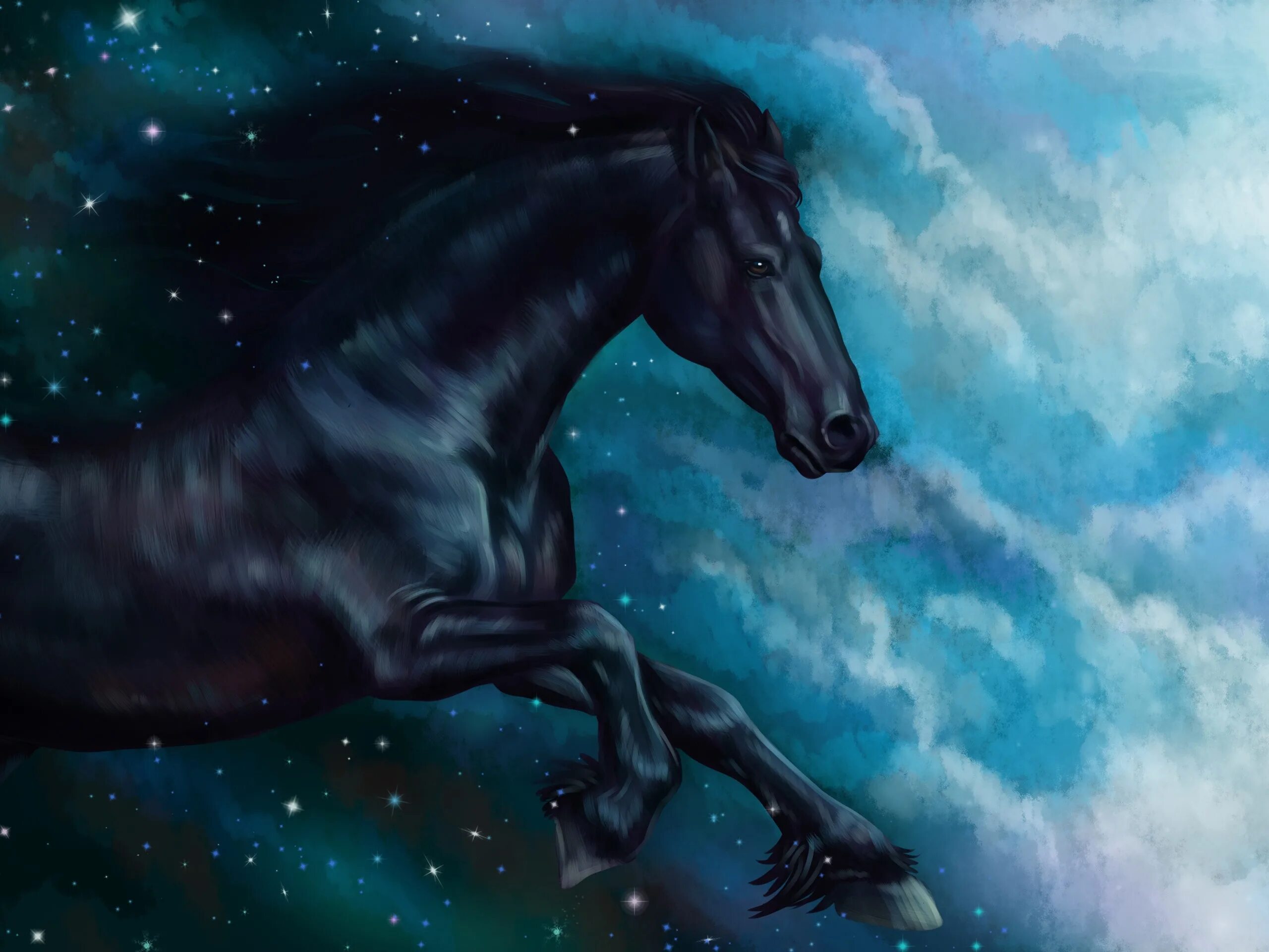 Кон ночи. Вороной Мустанг иноходец. Черный конь. Лошадь арт. Арты лошадей.