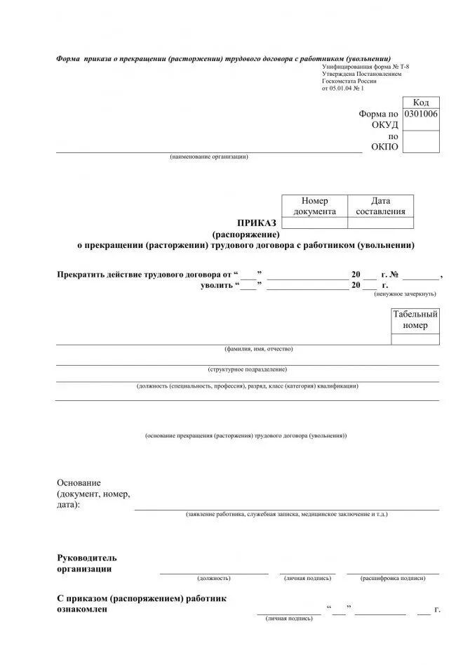 Бланк приказа распоряжение об увольнении работника образец. Приказ об увольнении работников форма т-8а. Образец формы т8 приказ об увольнении. Образец приказа о расторжении трудового договора (увольнении).