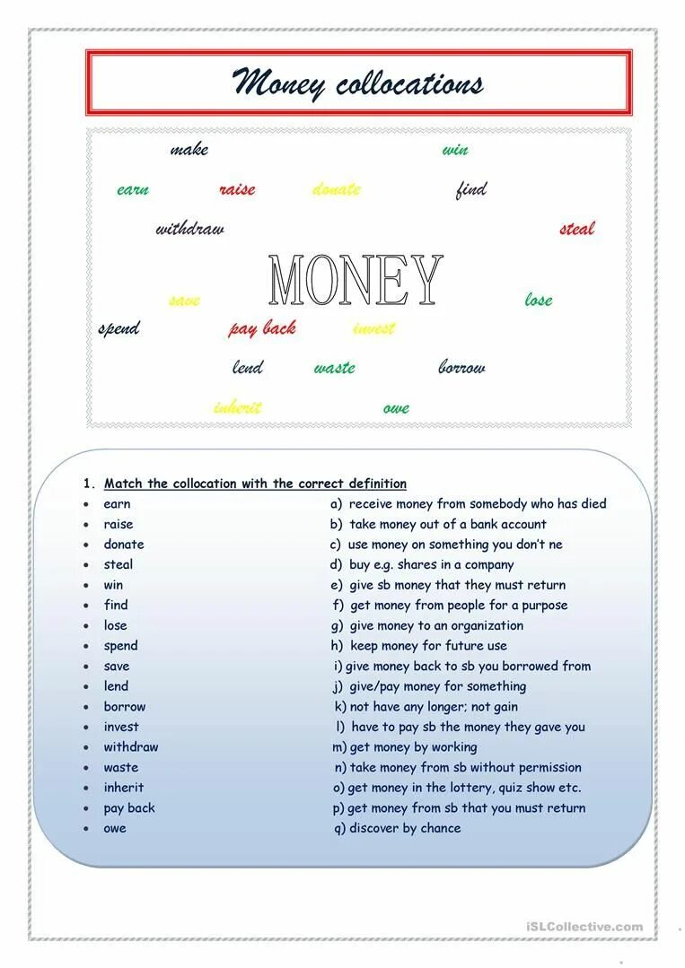 Match the words to from collocations. Money Worksheets. Money Vocabulary exercises. Money collocations. Collocations with money.