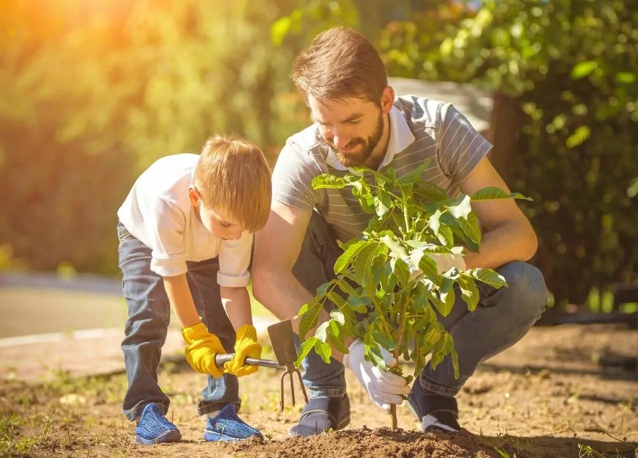 Семья в саду. Дети и природа. Дети сажают деревья. Семья сажает дерево. Семьянин день