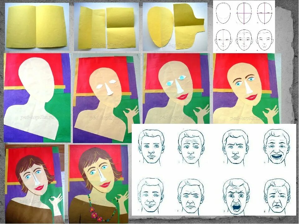 портрет из цветной бумаги в технике аппликации. лицо для аппликации. портрет аппликация 6 класс изо шаблоны. лицо для рисования. портрет из цветной бумаги.