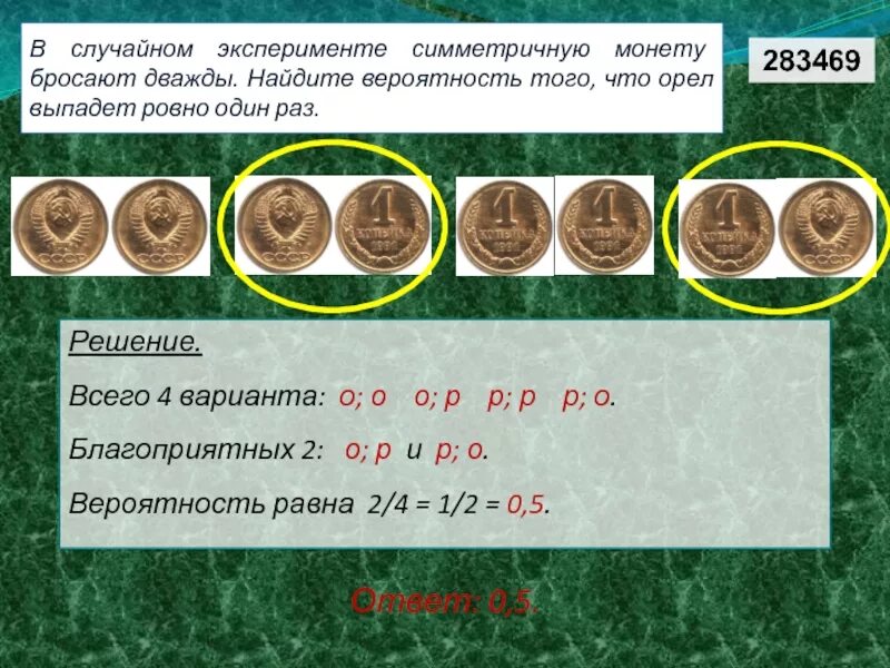 В случайном эксперименте монету бросают дважды. В случайном ксперимене симмеринуую монеру. В случайном эксперименте симметричную монету бросают дважды. Симметричную монету бросают.