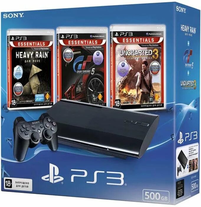 Sony playstation 3 характеристики. Консоль ps3 super Slim. Игровая приставка Sony PLAYSTATION 3 super Slim 500 ГБ. Коробки от Sony PLAYSTATION 3 super Slim 500gb с играми Heavy Rain, Gran Turismo 5, Uncharted. Игровая приставка ps3 Gran Turismo.