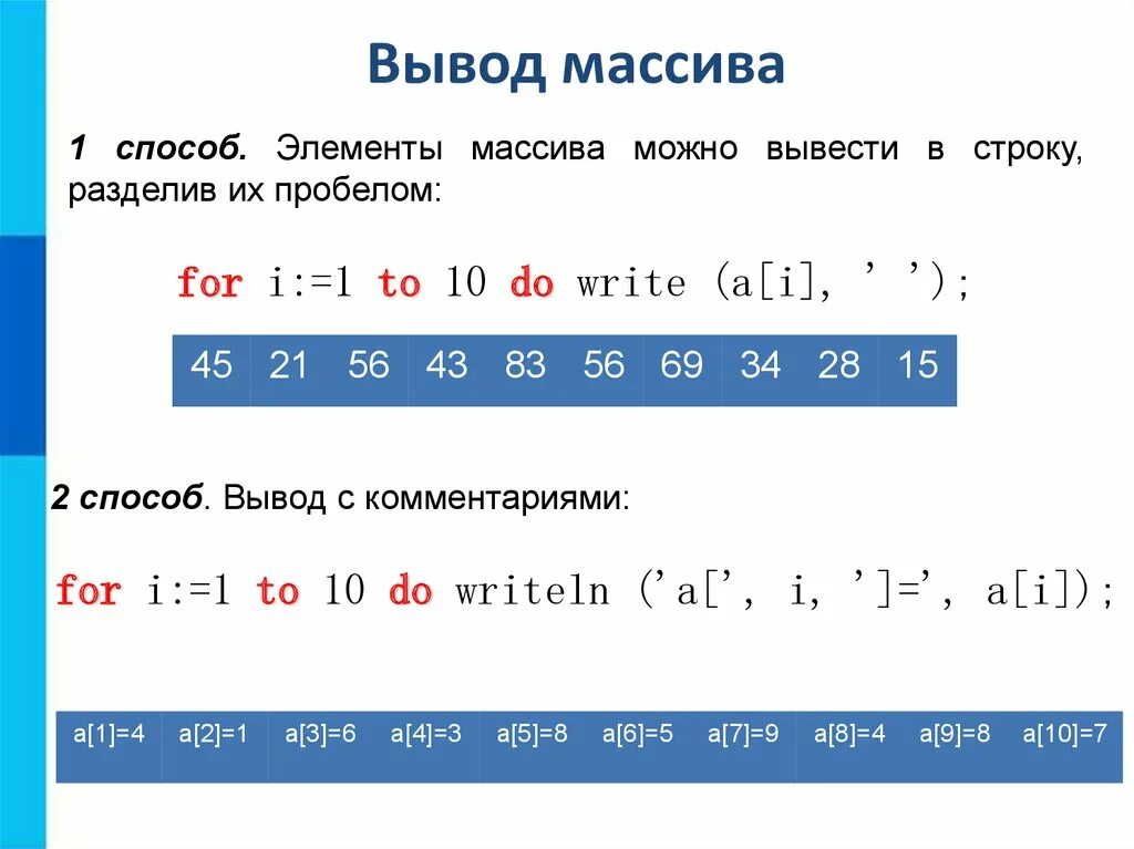 Массивы элементов класса. Вывод массива. вывод элементов массива. вывод массива в строку. способы вывода элементов массива.