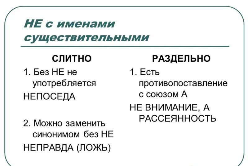 5 существительных с частицей не раздельно. Слитно или раздельно правописание не с существительными. Слитное и раздельное написание не с именами существительными правило. Частица не с существительными таблица. Правило правописание не с сущ.