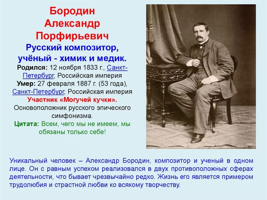 Бородин годы жизни. Творческая биография а п Бородина. Сообщение о композиторе а.п. Бородин.