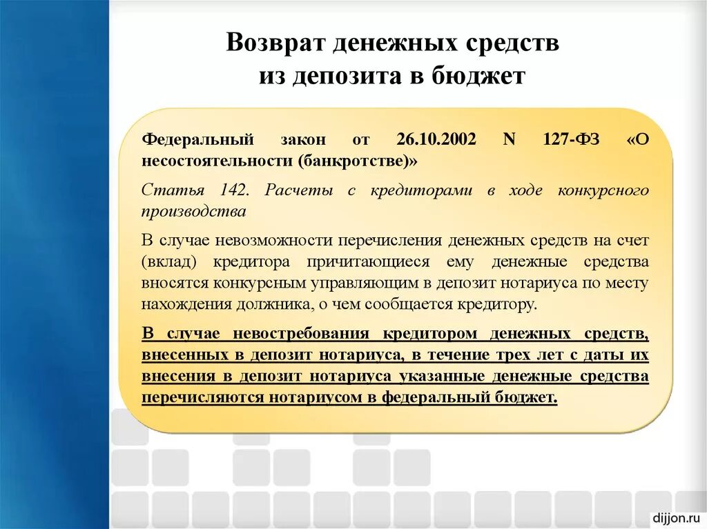 Закон о возврате денежных средств. Принятие на депозит нотариуса денежных средств. Возврат денежных средств по законодательству. Причины возврата средств.