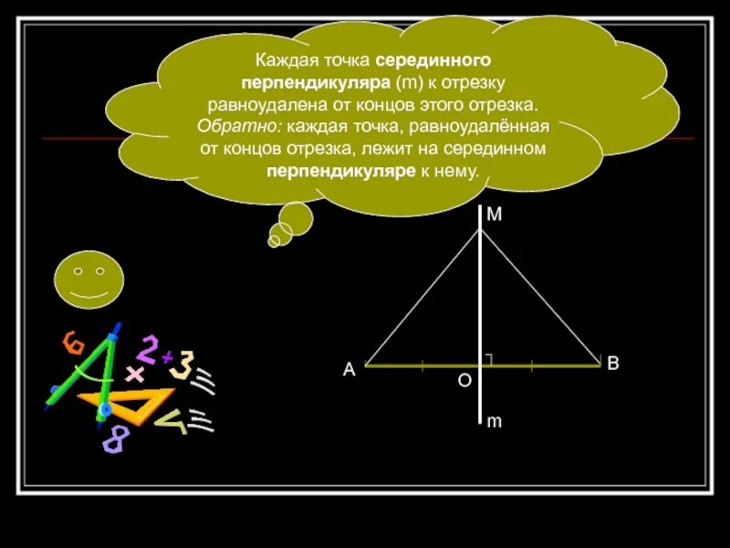 Серединный перпендикуляр к отрезку. Каждая точка серединного перпендикуляра к отрезку. Равноудаленная точка это. Каждая точка серединного перпендикуляра равноудалена от. Серединным перпендикуляром к отрезку называется прямая