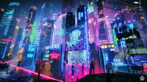 a futuristic city with neon lights and people standing in front of the skys...