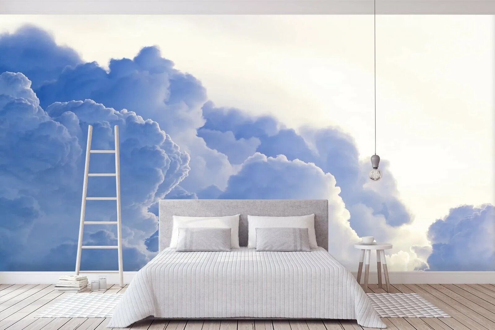 Белые облака и дом. Облака на стене. Спальня в облаках. Облака в комнате. Фотообои облака в интерьере.