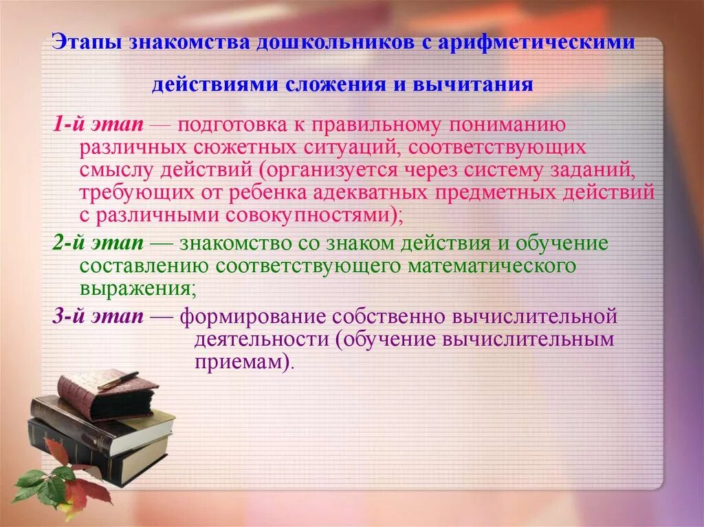 Этапы сложения и вычитания. Ознакомление дошкольников с приёмами сложения и вычитания. Этапы ознакомления с новым арифметическим действием. Этапы приемы сложения и вычитания. Задачи этапа ознакомления