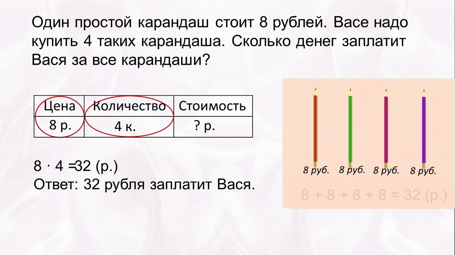 Тетрадь стоит 8 рублей а карандаш. 1 Карандашсколка рублей. Один карандаш. Сколько стоит один карандаш. Разбор три карандаша.