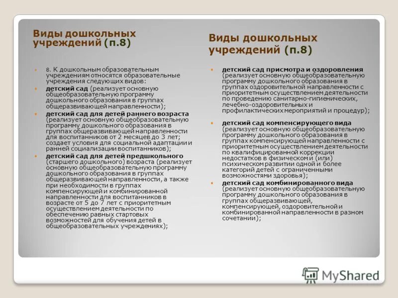 Что относится к учреждениям образования. Типы дошкольных учреждений. Виды дошкольного образования. Виды дошкольных учреждений в России. Виды дошкольных учреждений в РФ.