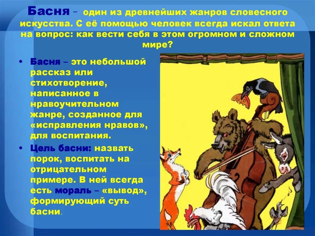 Басня. Жанр басни. Рассказ о басне. Литературные басни.