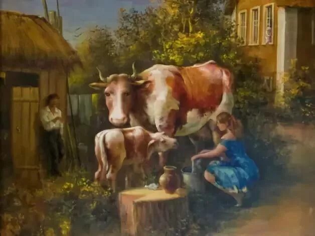 Щедрин доение коровы 1770. Деревенские коровы. Доярка картина.