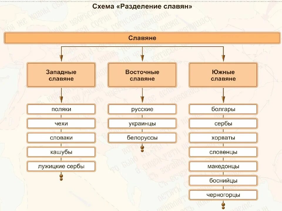 Схема разделения славян. Славяне западные Южные восточные таблица. Восточные западные и Южные славяне. Разделение восточных славян на три ветви.