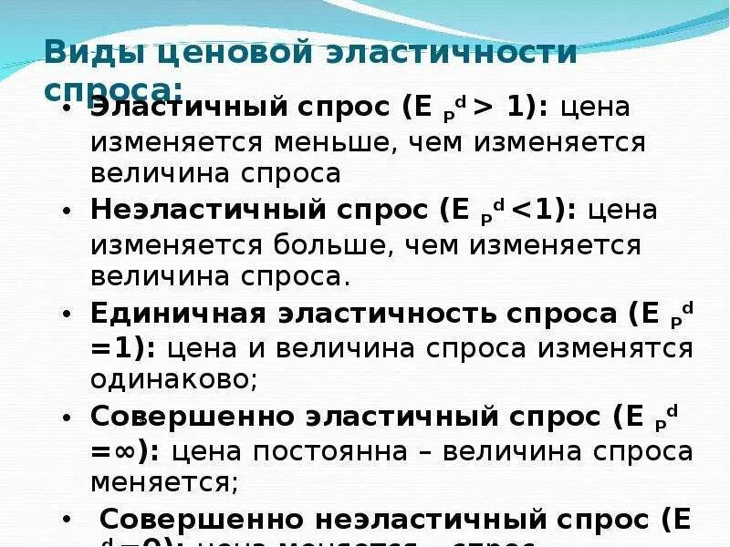 Виды ценовой эластичности. Типы эластичности спроса. Виды эластичного спроса. Виды ценовой эластичности спроса. Основные признаки спроса