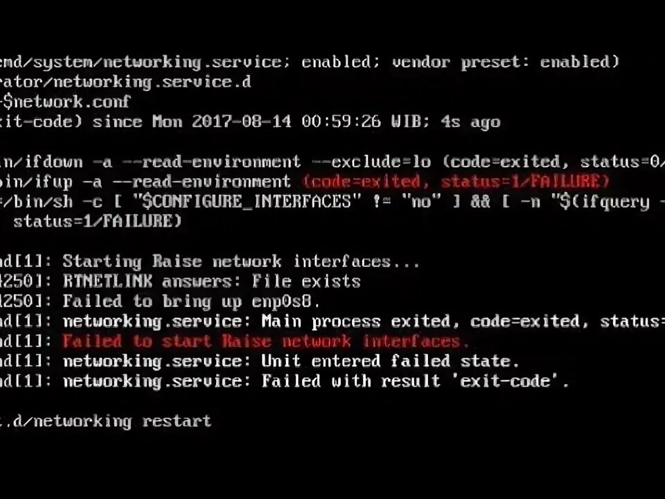 Start failure. Restart Network Linux. Restart Linux service. RTNETLINK answers: file exist. Kali failed to start Network interfaces.