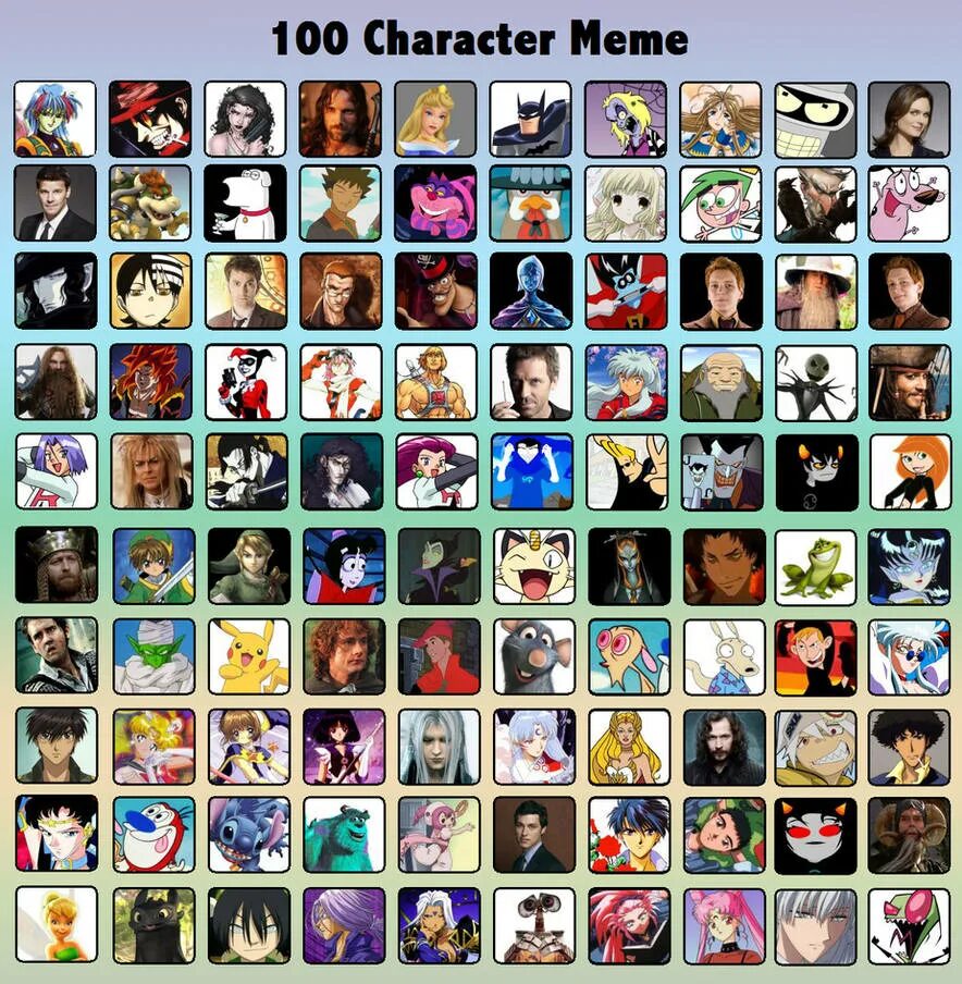 Memes characters. 50 Character list. 100 Characters. Meme characters. 100 Character list.