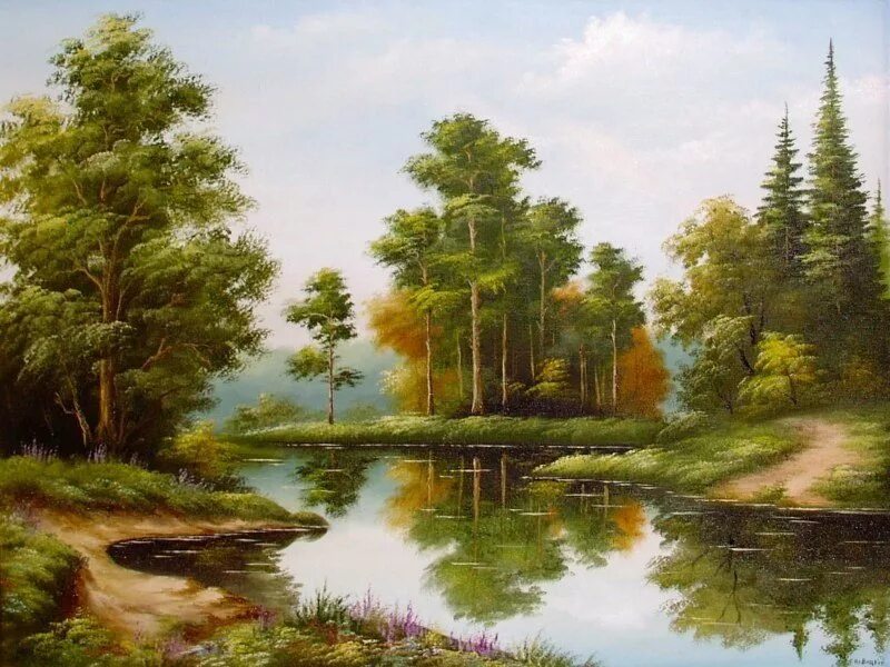 Картины пейзажи купить. Боб Росс Лесное озеро. Лесное озеро живопись. Лесная река живопись. Живопись озеро в лесу.