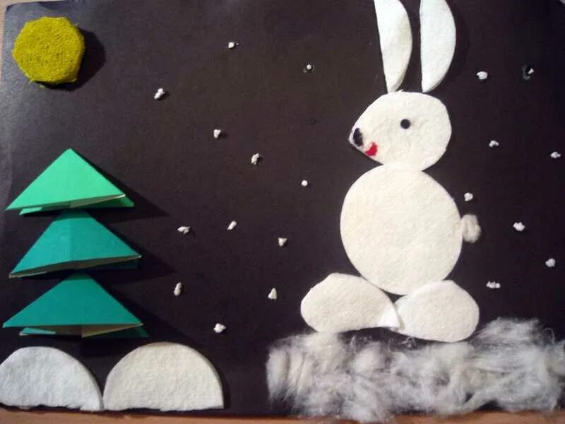 Зайчик из ватных дисков. Аппликация из ватных дисков. зимняя аппликация из ватных дисков. поделка заяц из ватных дисков.