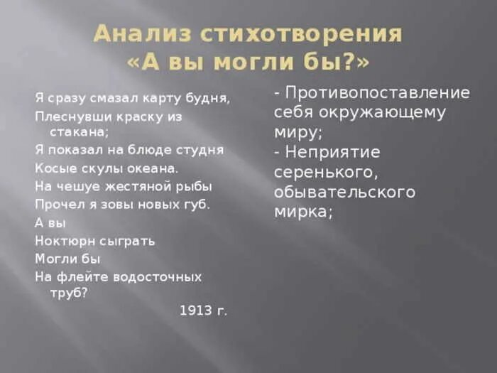 Я сразу смазал карту. А вы могли бы стихотворение владимира маяковского. А вы могли бы маяковский анализ. А вы ноктюрн сыграть смогли бы. Смазал карту будня анализ.