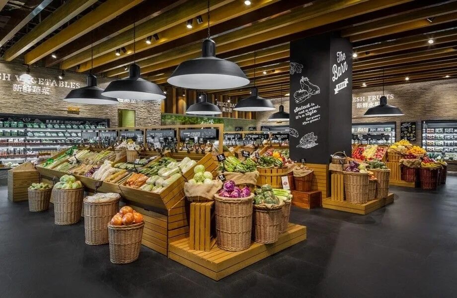 интерьер продуктового магазина. дизайн продуктового магазина. дизайнерский фермерский магазин. необычный интерьер магазина. оригинальный магазин продуктов.