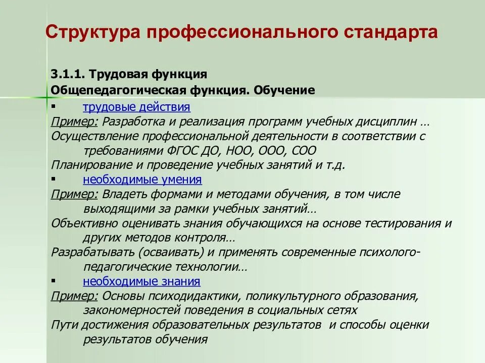 Трудовые действия обучение. Трудовые функции в профессиональном стандарте педагога. Структура профессионального стандарта. Структура стандарта педагога. Структура профстандарта педагога.