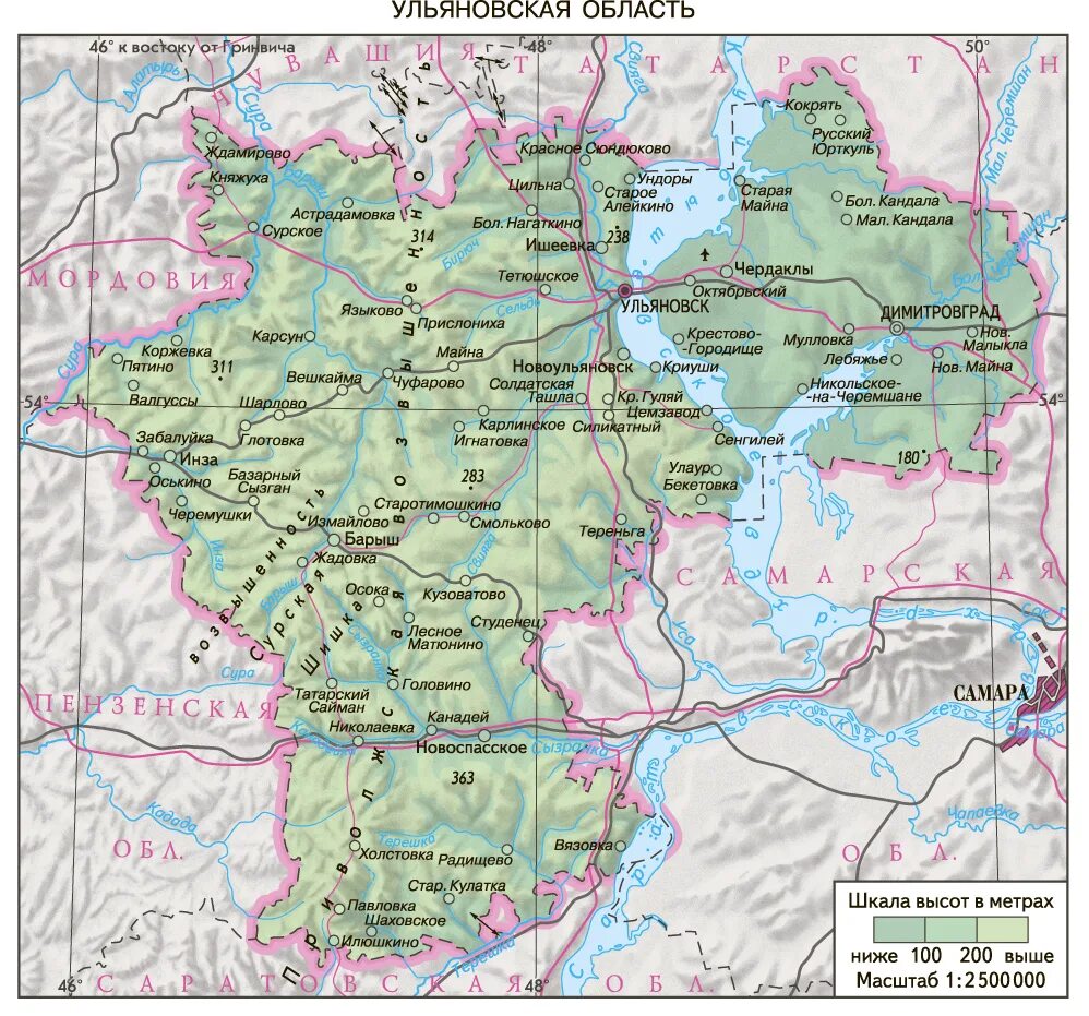 Ульяновская область какой район. Ульяновская обл географическая карта. Карта Ульяновской обл с районами. Карта Ульяновской области с районами и деревнями. Рельеф Ульяновской области.