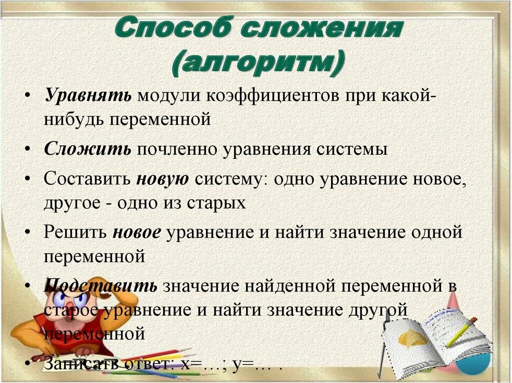 Алгоритм способа сложения. Алгоритм решения системы уравнений методом сложения. Метод алгебраического сложения алгоритм. Алгоритм решения систем методом сложения. Алгоритм решения методом сложения