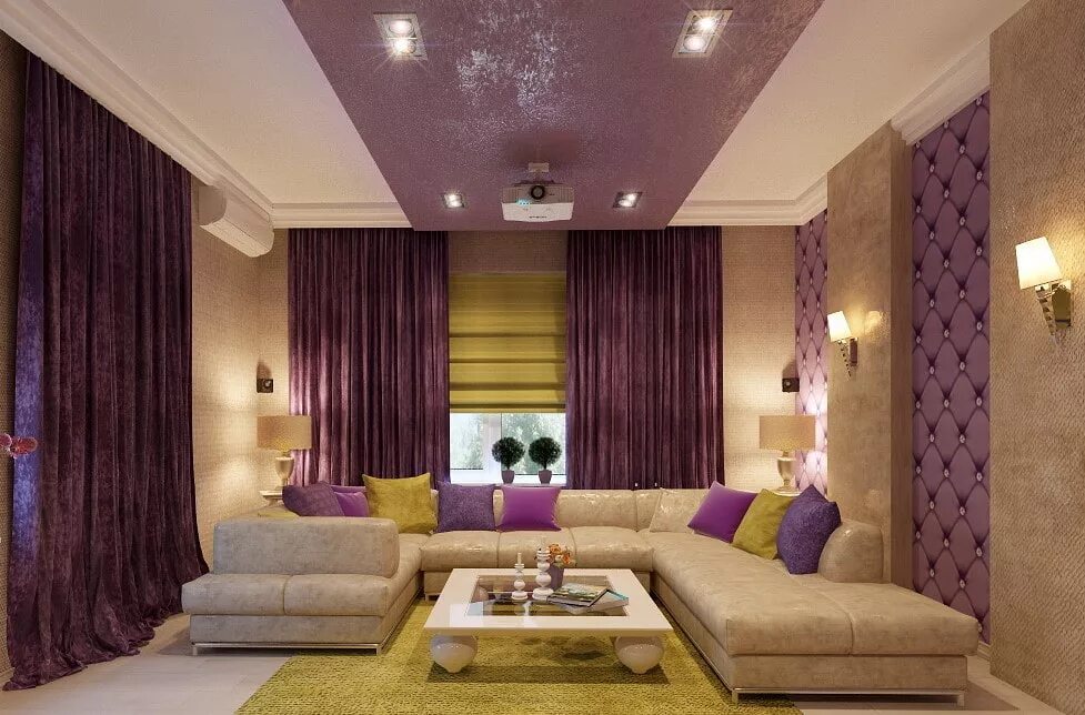 Сочетание цветов потолка. Гостиная в фиолетовых тонах. Гостиная в сиреневых тонах. Фиолетовый в интерьере гостиной. Сиреневый интерьер гостиной.