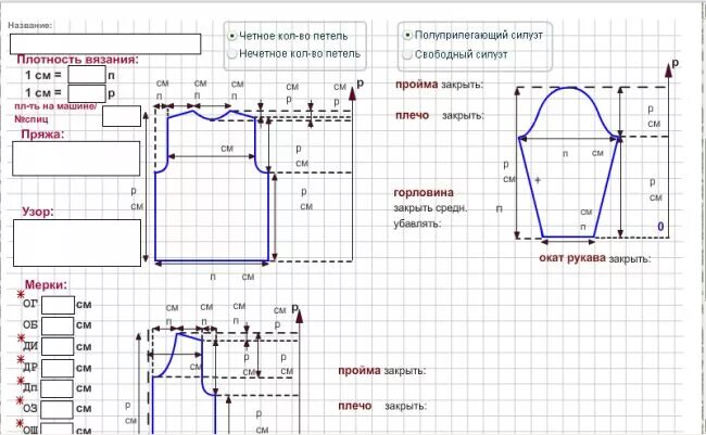 Расчеты вязания. Выкройки вязания mnemosina. выкройка для вязания плечевого изделия с втачным рукавом. программа для расчета петель при вязании спицами. построение выкройки для вязаных изделий на вязальной машине.