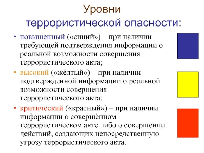 Три уровня безопасности. Уровни террористической опасности в РФ по цветам. Уровни безопасности терроризма. Синий уровень террористической опасности устанавливается. Уровни опасности терроризма по цвету.